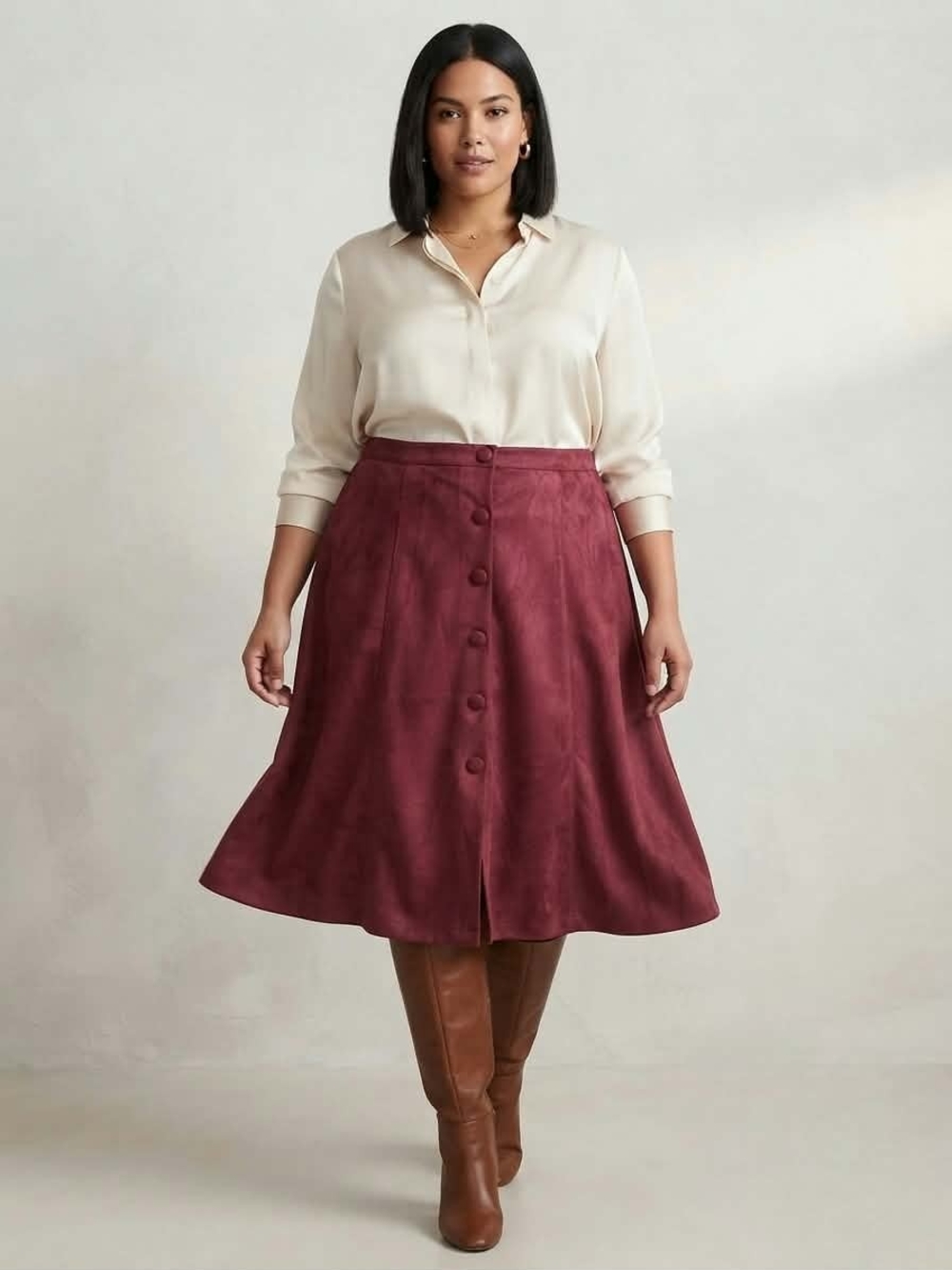 ​BFA CLASSICS Vintage Faux Suede Button-Front A-Line Skirt Burgundy 26W